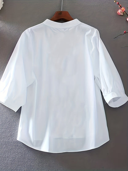 Blusa elegante da donna con ricamo e collo alla coreana – Camicia estiva casual