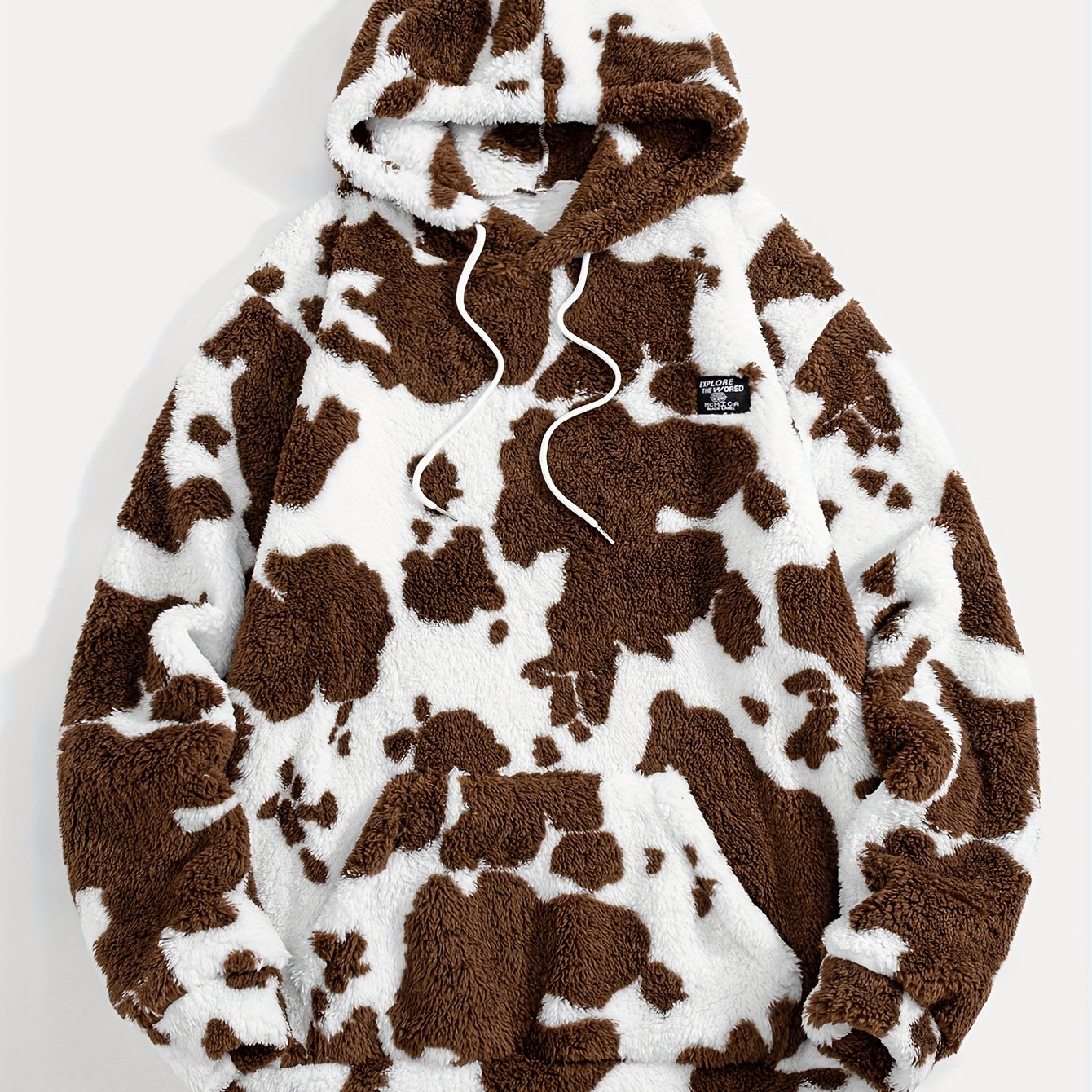 Unisex Teddy Fleece Hoodie mit Kapuze und Kuhfleckenmuster