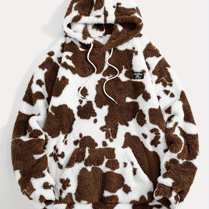 Unisex Teddy Fleece Hoodie mit Kapuze und Kuhfleckenmuster
