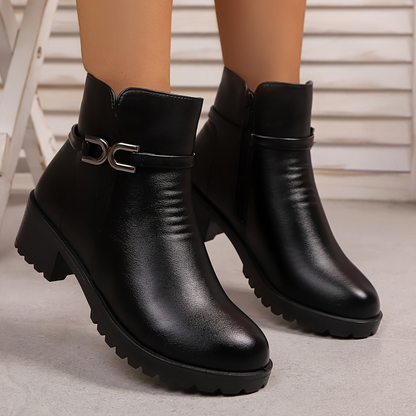 Damen Stiefelette mit Zierschnalle und seitlichem Reißverschluss, Schwarz