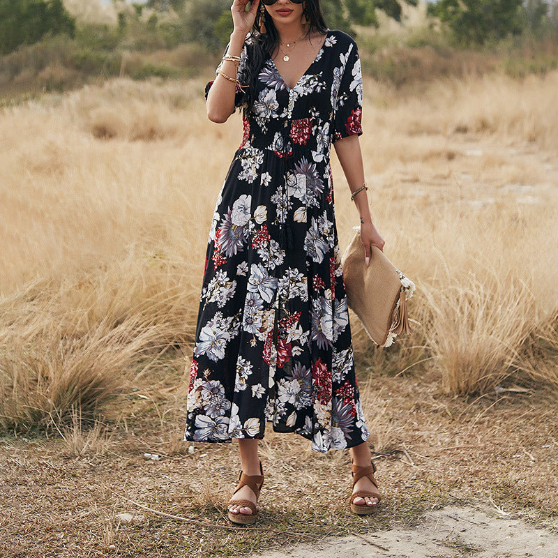 Karen – Robe d'été florale à encolure en V et taille élastique