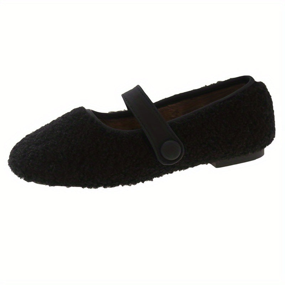 Damen Mary Jane Ballerinas Plüsch-Look mit Riemen und Knopfverschluss