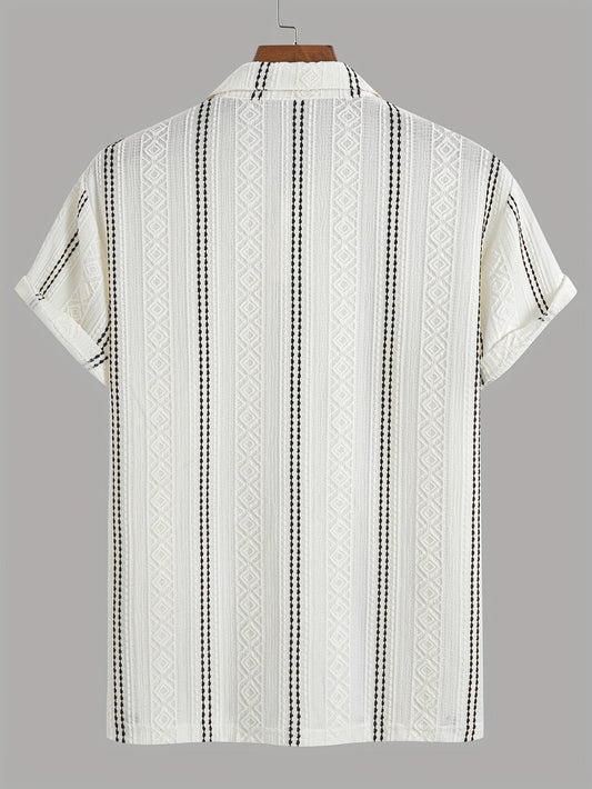 Heren polo met korte mouwen, verticale strepen en geometrisch patroon – Modern vrijetijds- en zomerhemd
