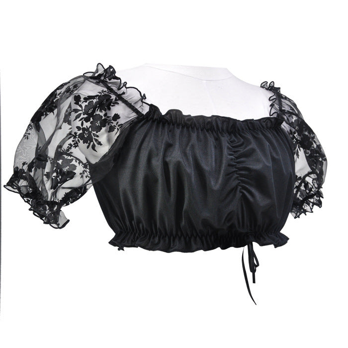 Crop Top con Mangas Abullonadas y Encaje para Mujer – Elegante Top Off-Shoulder para Oktoberfest para Mujeres a la Moda