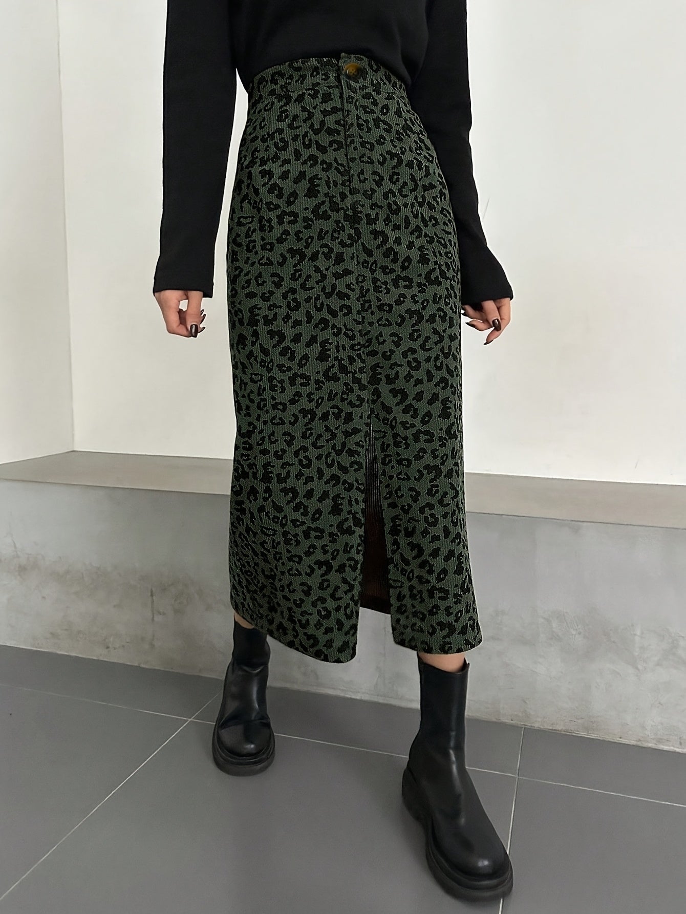 Gonna midi da donna con motivo leopardato e spacco