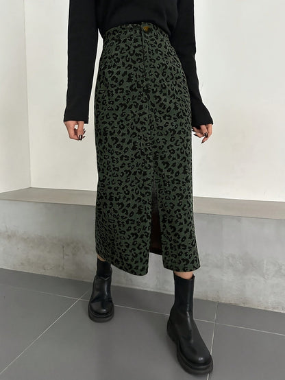 Gonna midi da donna con motivo leopardato e spacco