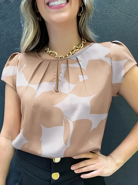 Damebluse Elegant med Moderne Mønster og Kort Erme – Perfekt for Kontor og Hverdag