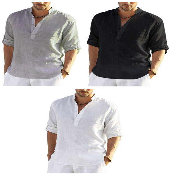 Herre Henley langærmet skjorte – Casual sommer-skjorte med ståkrave til fritid, kontor og ferie