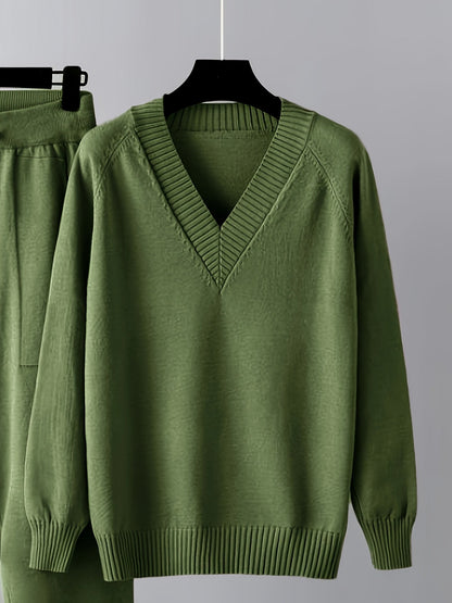 Set da donna in maglia con pullover con scollo a V e pantaloni da jogging