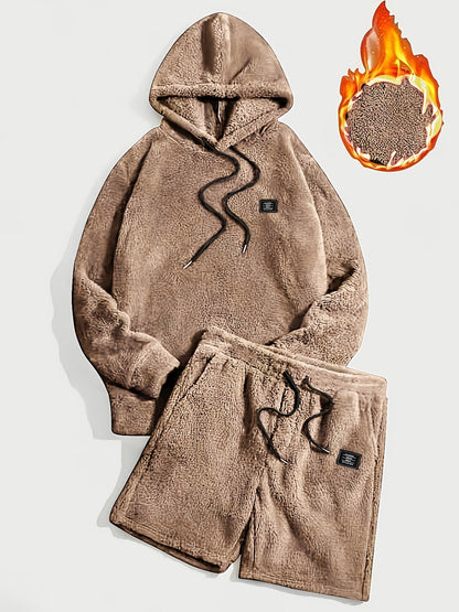 Unisex teddyfleece hoodie- en shortset met capuchon en trekkoord