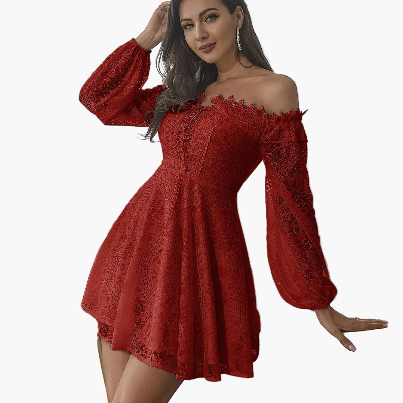 Dames Off-Shoulder kanten jurk elegant A-lijn lente- en zomerjurk feest cocktail