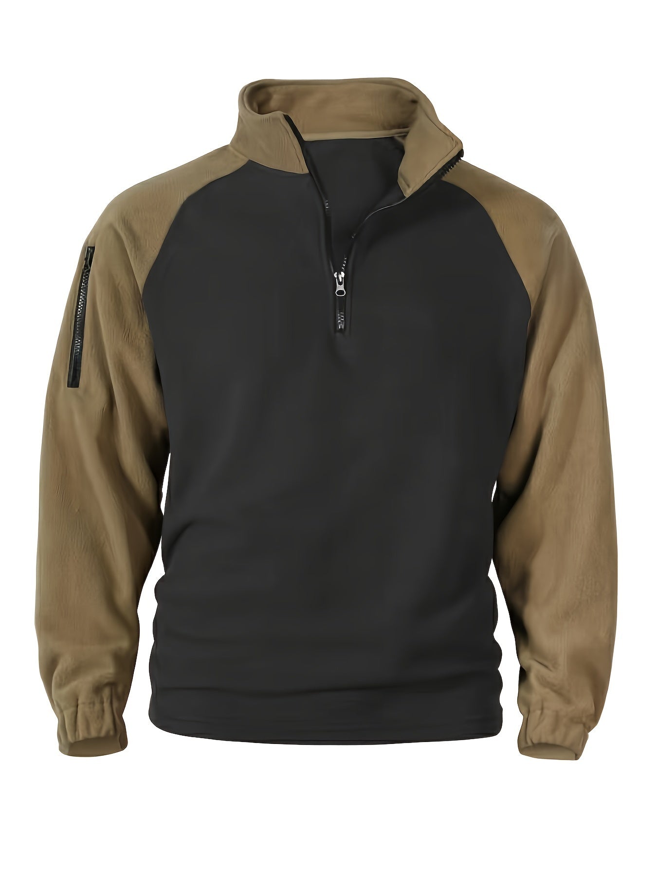 Pullover in pile da uomo, maniche raglan, chiusura a un quarto con zip, grigio scuro e marrone