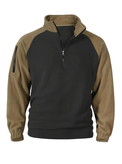 Pullover in pile da uomo, maniche raglan, chiusura a un quarto con zip, grigio scuro e marrone