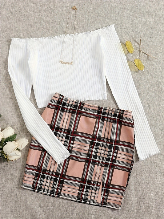 Dame off-shoulder top og ternet mininederdel sæt – Elegant fritidslook til forår og sommer
