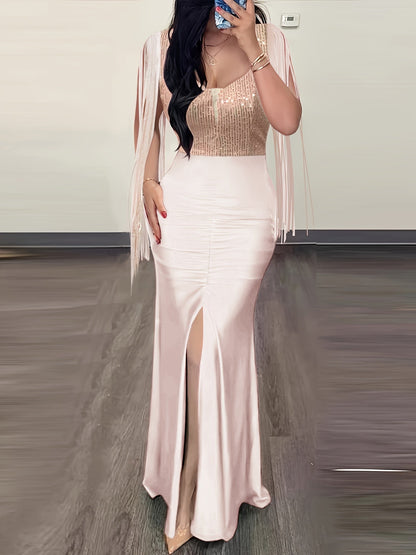 Vestido de noche elegante para mujer, ajustado, con flecos y abertura – Perfecto para ocasiones especiales
