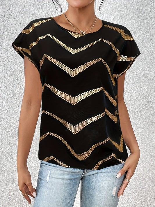 Dames elegant bovenstuk met geometrisch patroon en korte mouwen – perfect voor dagelijks gebruik en uitgaan
