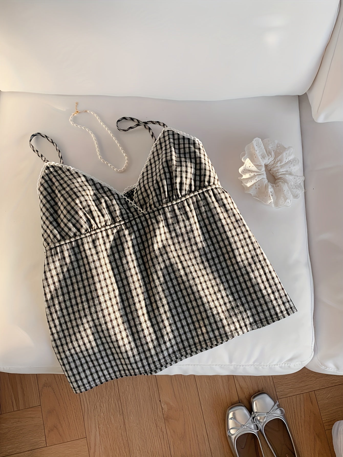 Top de tirantes finos de cuadros para mujer – veraniego, suelto, a la moda para el día a día y las vacaciones
