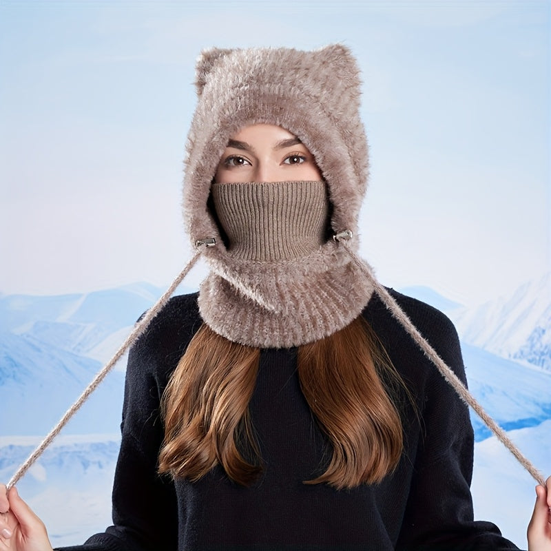 Gestrickte Balaklava-Mütze mit Katzenohren und Halsschutz für Damen