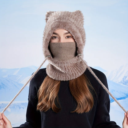Gestrickte Balaklava-Mütze mit Katzenohren und Halsschutz für Damen