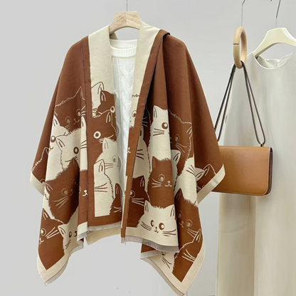 Katzen-Poncho mit Fransen Warmer Wickelschal Damen Cape Braun Gemustert