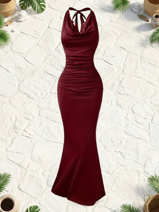 Vestido de noche elegante para mujer, maxi, espalda descubierta, de fiesta, con cuello halter y corte ajustado