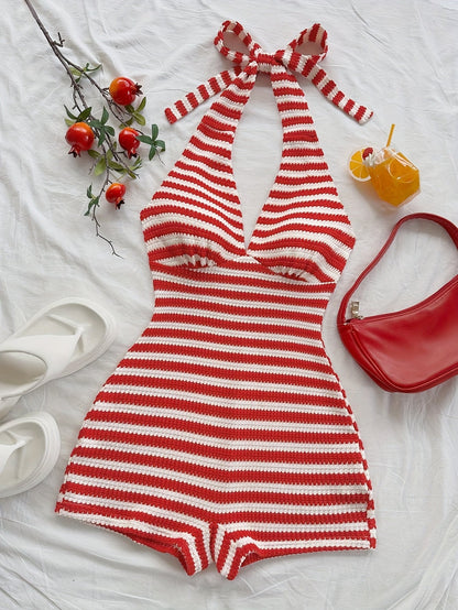 Damen Retro-Overall im Streifen-Look mit Neckholder – Sommerlicher Einteiler für Freizeit & Urlaub