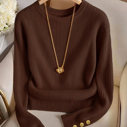 Gerippter Damen Pullover Rundhals Langarm mit Zierknöpfen
