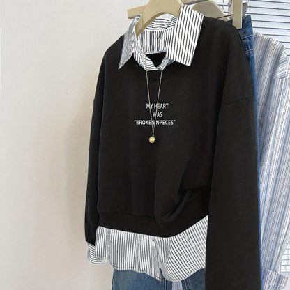 Damen Sweatshirt mit Hemdkragen-Optik & Schriftzug, Zweiteilig Marineblau Gestreift