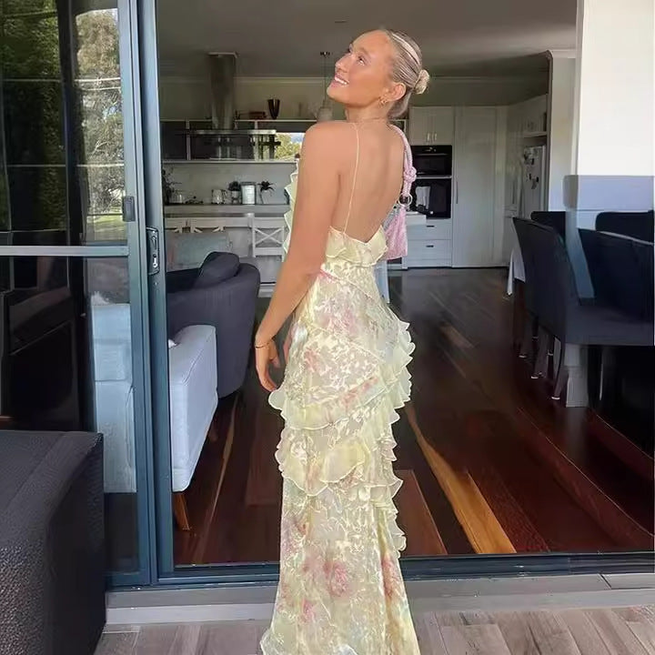 Robe longue bohème femme pour plage et été – Robe élégante sans manches à volants pour occasions spéciales