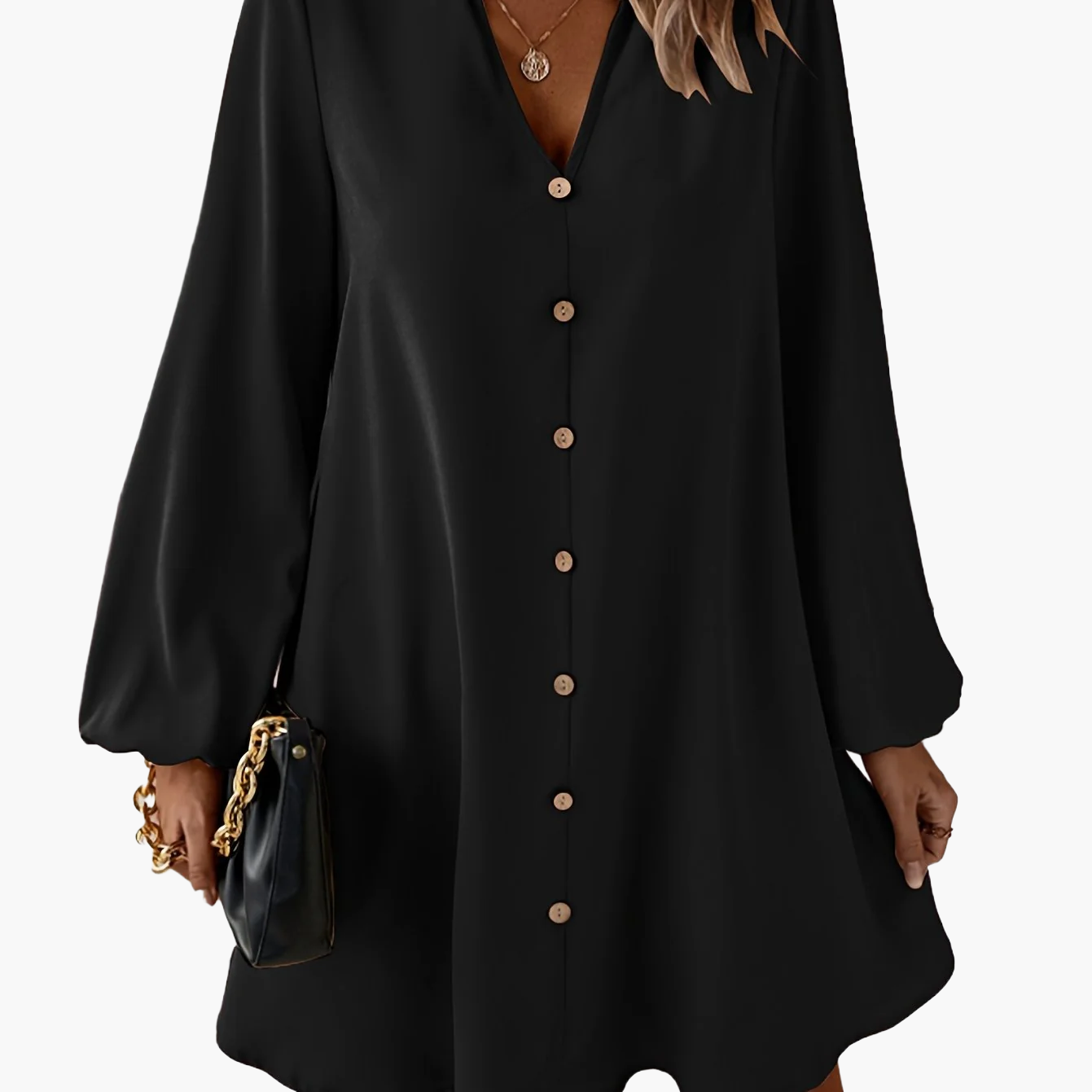 Damen Elegantes Freizeitkleid mit Knopfleiste und V-Ausschnitt – Lockerer Schnitt für Alltag und Büro