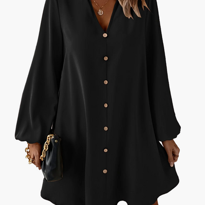 Damen Elegantes Freizeitkleid mit Knopfleiste und V-Ausschnitt – Lockerer Schnitt für Alltag und Büro