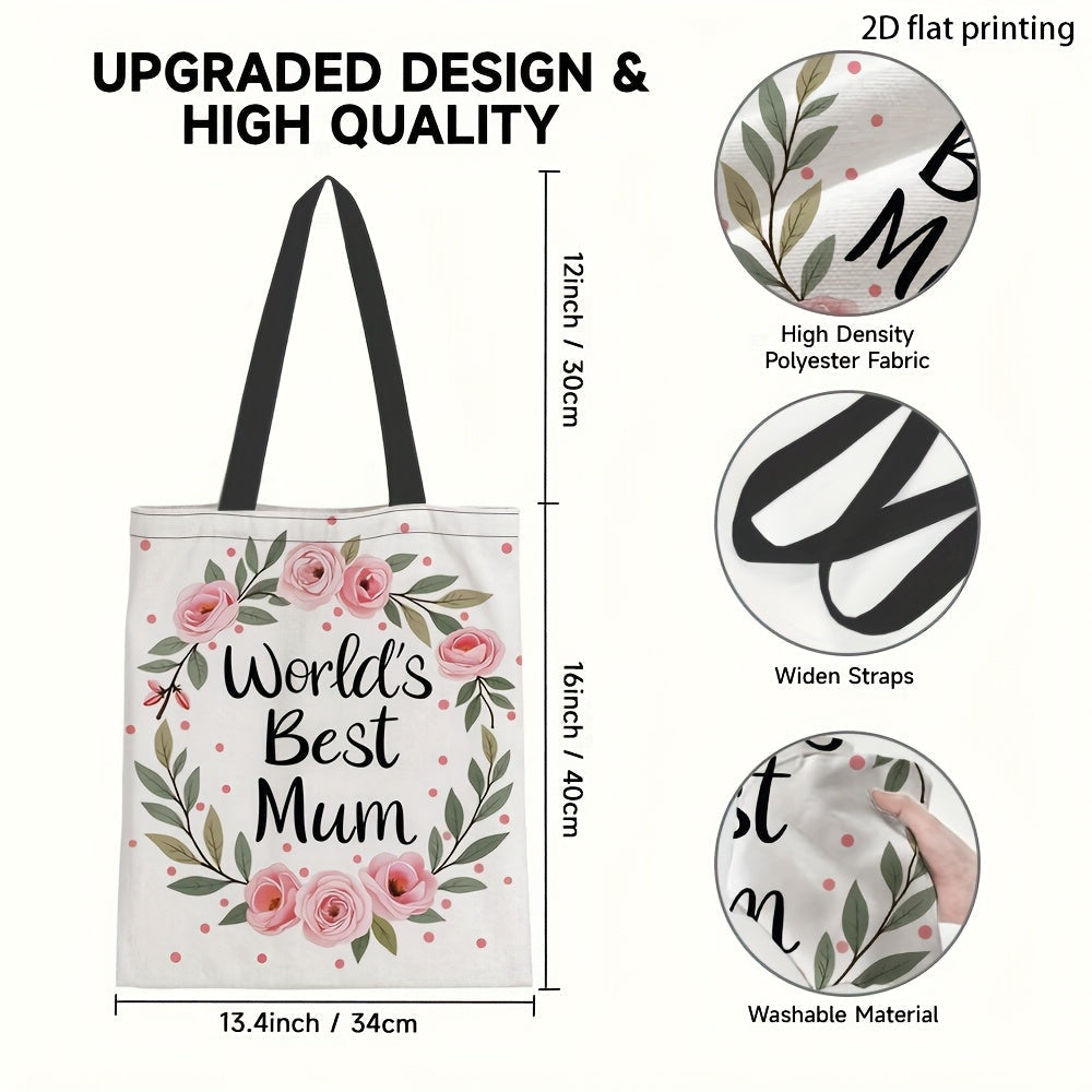 Damen Shopper Tasche – Stilvolle Tragetasche mit Blumenkranz und Aufschrift 'World's Best Mum' – Perfektes Geschenk für Mütter