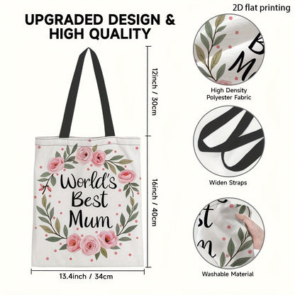 Damen Shopper Tasche – Stilvolle Tragetasche mit Blumenkranz und Aufschrift 'World's Best Mum' – Perfektes Geschenk für Mütter