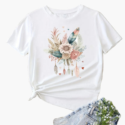 Dame T-skjorte med blomster- og fjærprint, avslappet, sommermote