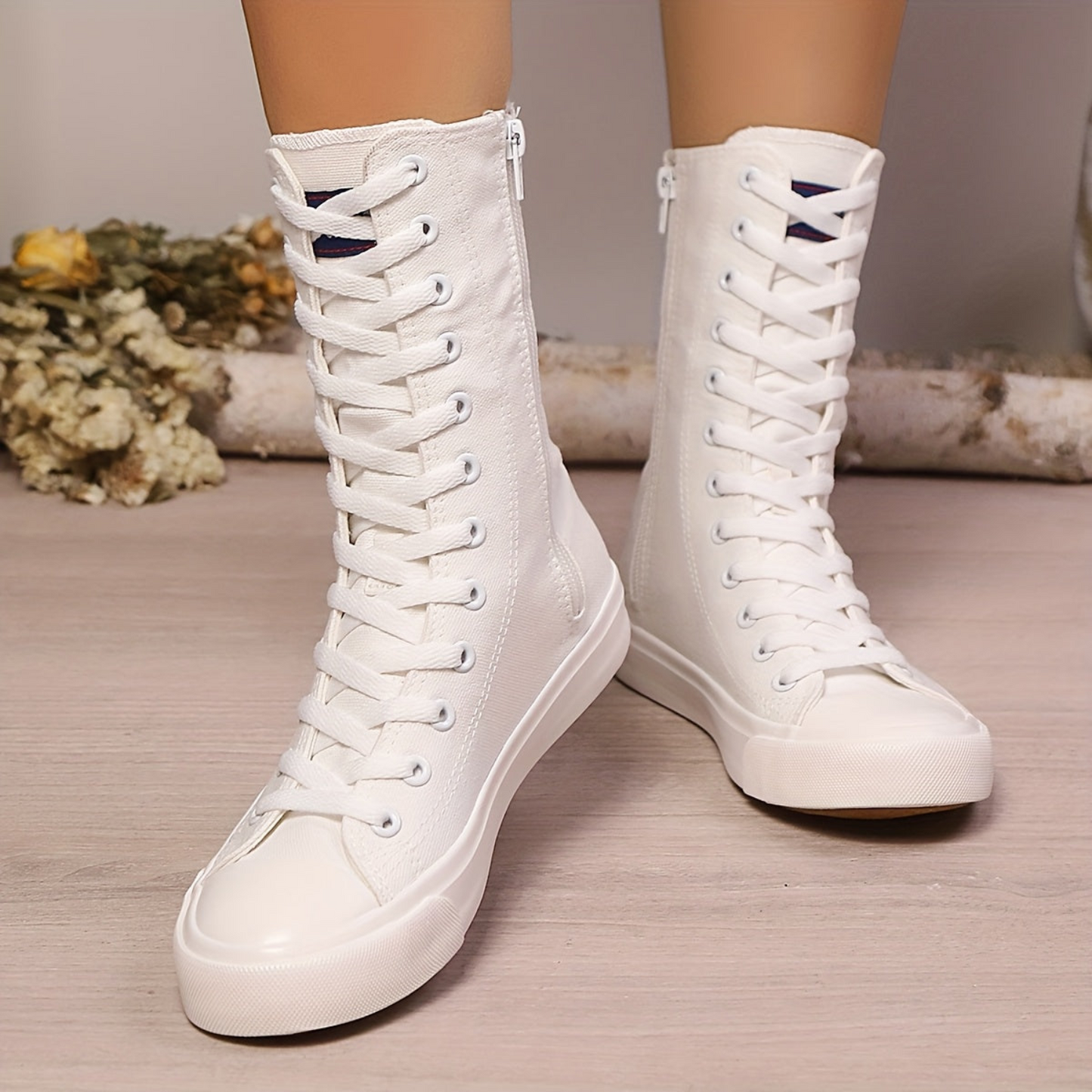 Damen Mid-Calf Schnür-Sneaker mit Reißverschluss Weiß