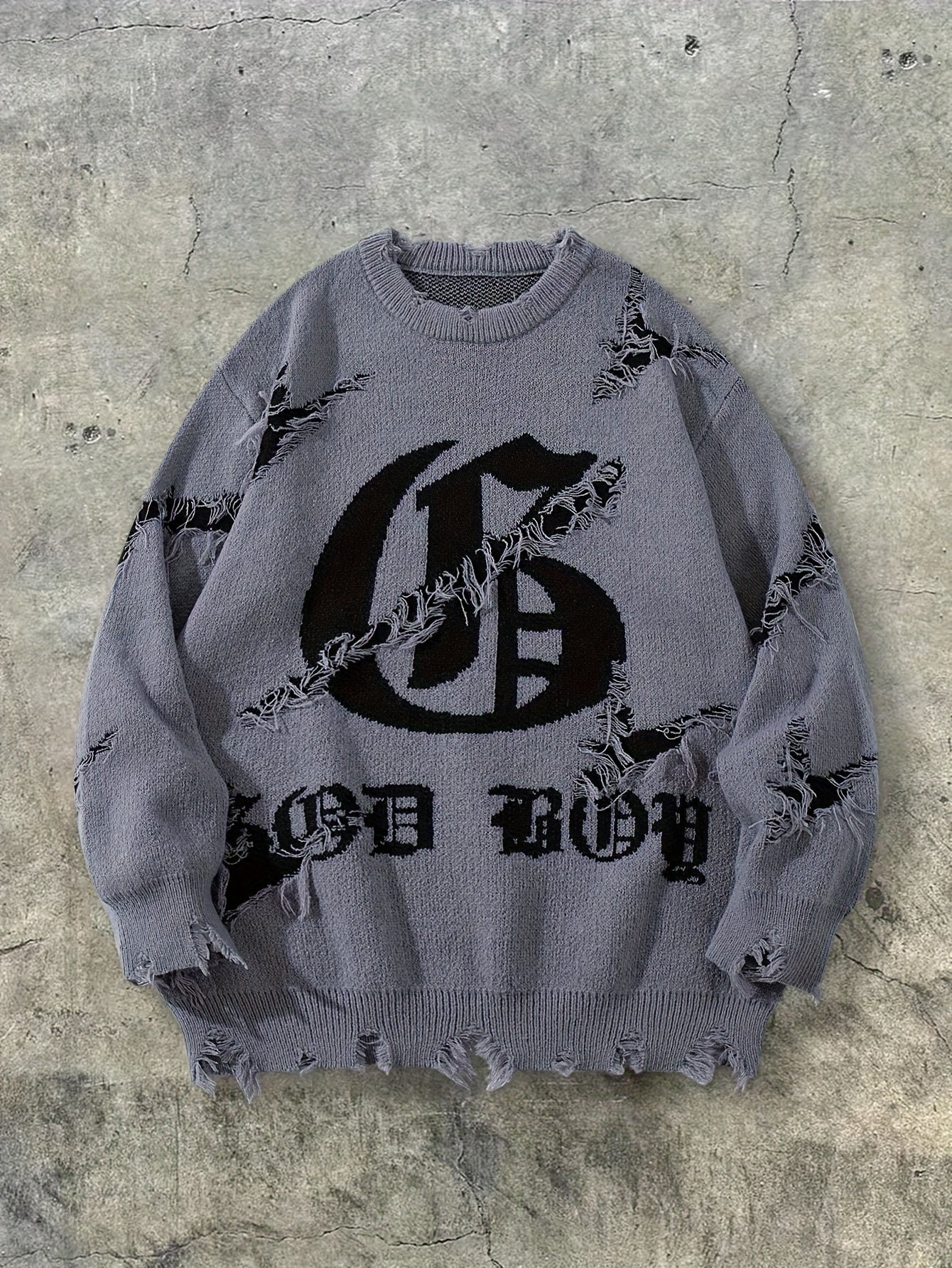 Unisex distressed-pullover med rund hals og tekstprint