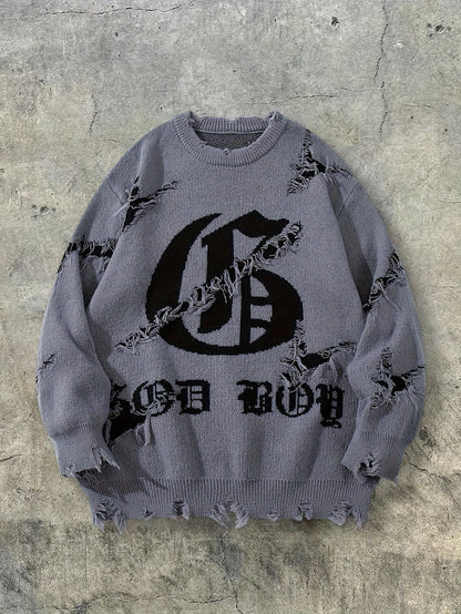 Unisex distressed-pullover med rund hals og tekstprint