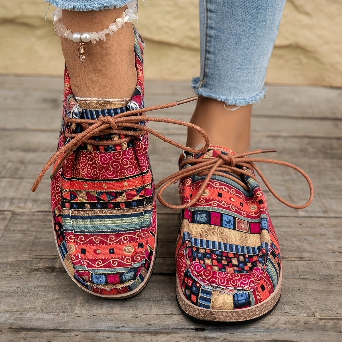 Damen Vintage Freizeitschuhe mit Boho-Muster und Schnürung – Bequeme Alltags-Slipper im Ethno-Stil