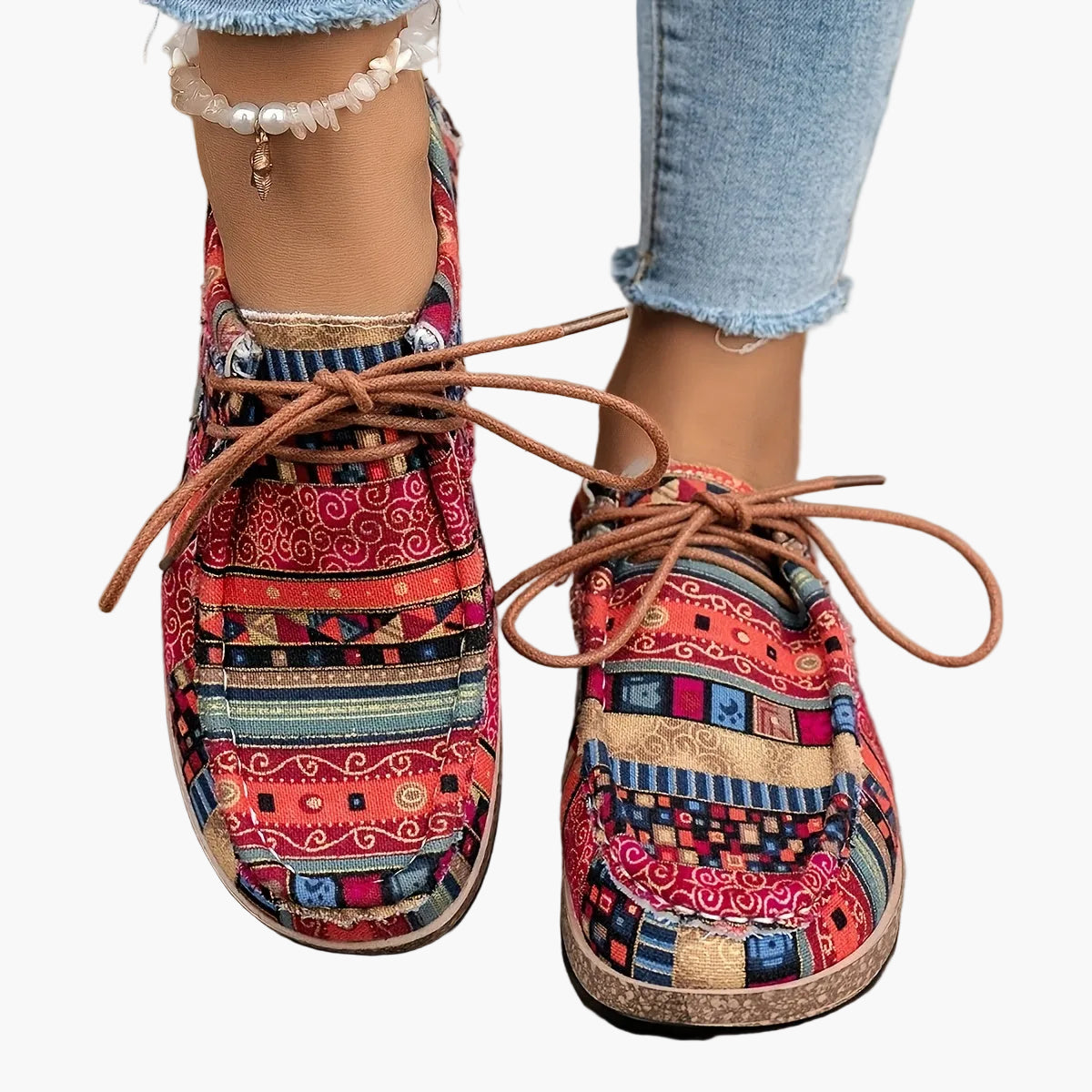Damen Vintage Freizeitschuhe mit Boho-Muster und Schnürung – Bequeme Alltags-Slipper im Ethno-Stil