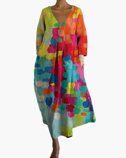 Vestito midi da donna con scollo a V e stampa artistica colorata – Stile casual elegante per tutti i giorni e occasioni speciali