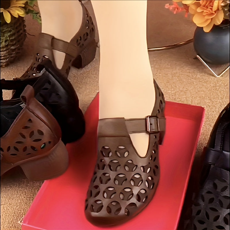 Damen Mary-Jane Blockabsatz Schuhe – Modische Alltags- und Freizeitschuhe mit Cut-Out Design