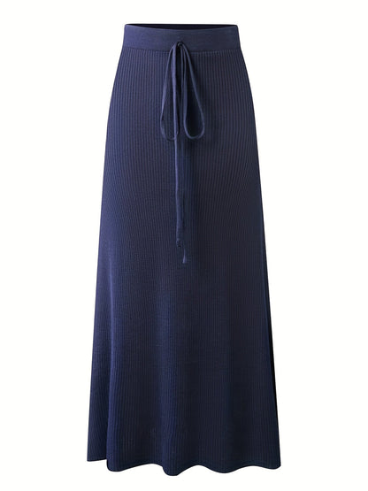 Spódnica midi damska z paskiem do wiązania i prążkowaną strukturą – elegancki look na co dzień i do biura