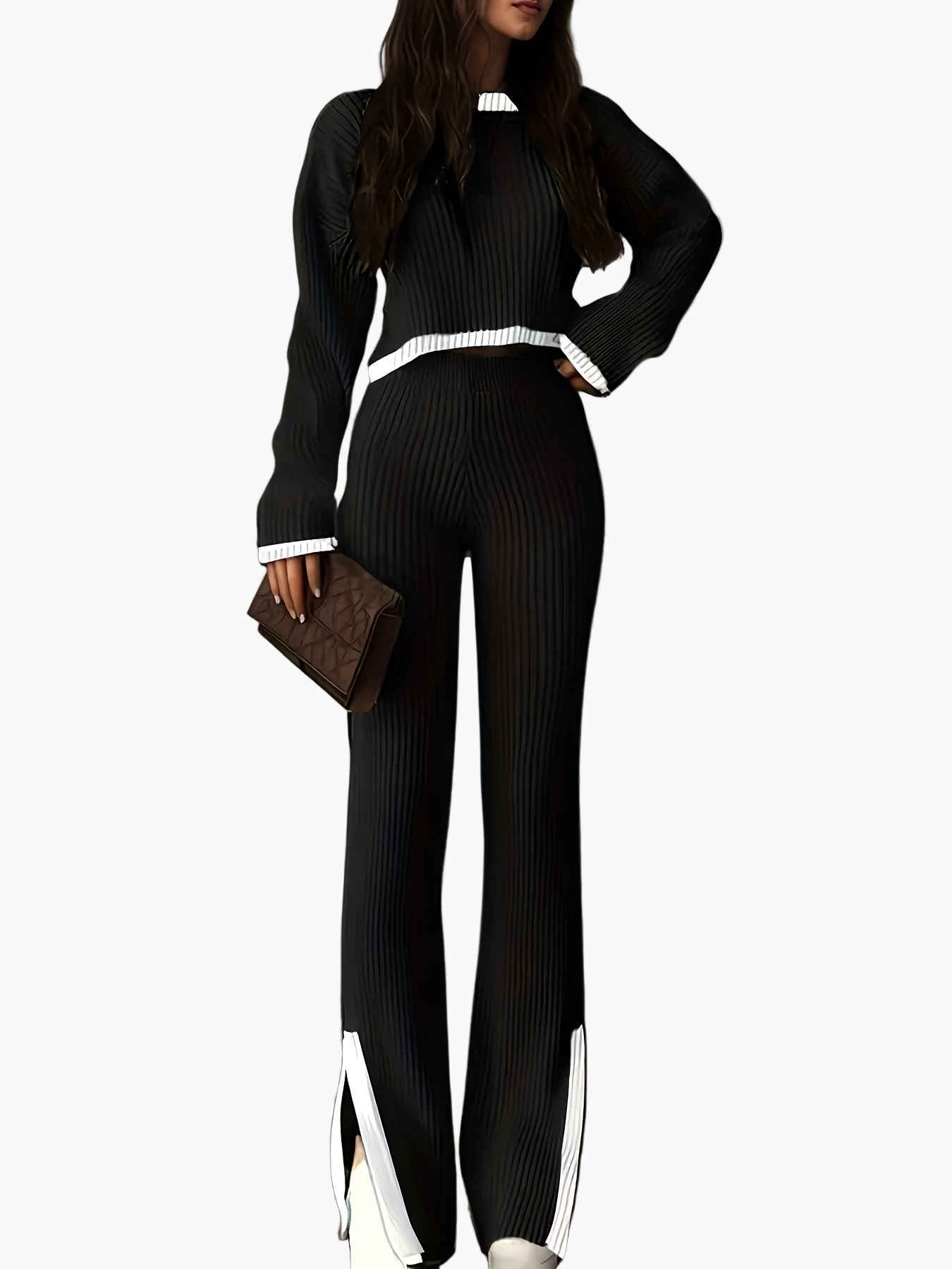 Dames elegante gebreide tweedelige set met wijde pijpen – Modieuze outfit voor herfst en winter