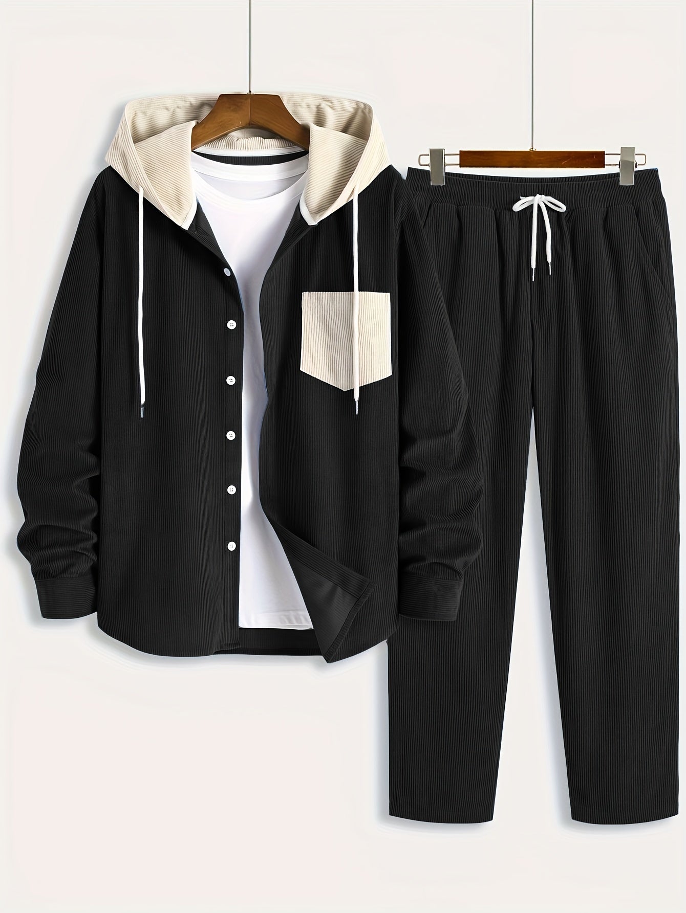 Conjunto de dos piezas para hombre con camisa tipo sudadera con capucha acanalada y pantalón jogger, traje informal