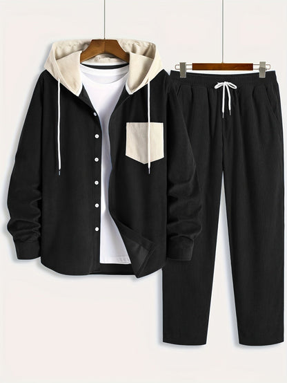 Conjunto de dos piezas para hombre con camisa tipo sudadera con capucha acanalada y pantalón jogger, traje informal