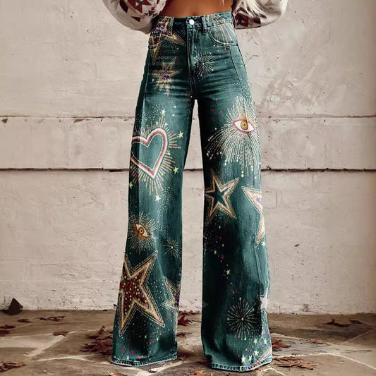 Damen Weite Boho-Jeans mit grafischem Kunst-Design und Vintage-Style, ideal für Streetwear und Festivals