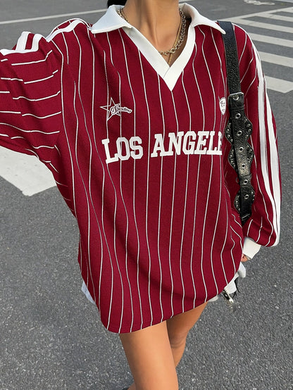 Uniseksowa koszulka polo z długim rękawem, bordowo-białe paski, nadruk Los Angeles