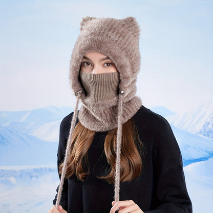 Gestrickte Balaklava-Mütze mit Katzenohren und Halsschutz für Damen