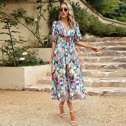Abito estivo da donna con scollo a V e maniche a sbuffo – Abito casual elegante con motivo floreale, chiffon, lunghezza al ginocchio