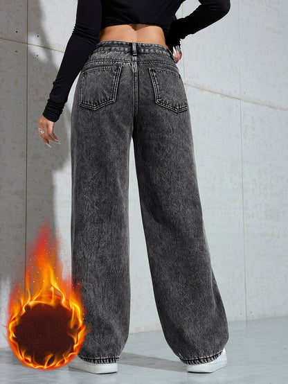 Jeans da donna, grigio scuro, dal taglio ampio, con fodera calda